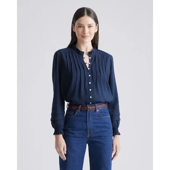 Quince Women's Textured Cotton Peasant Blouse sz S Small Navy Blue NWT Boho Top - Picture 8 of 8